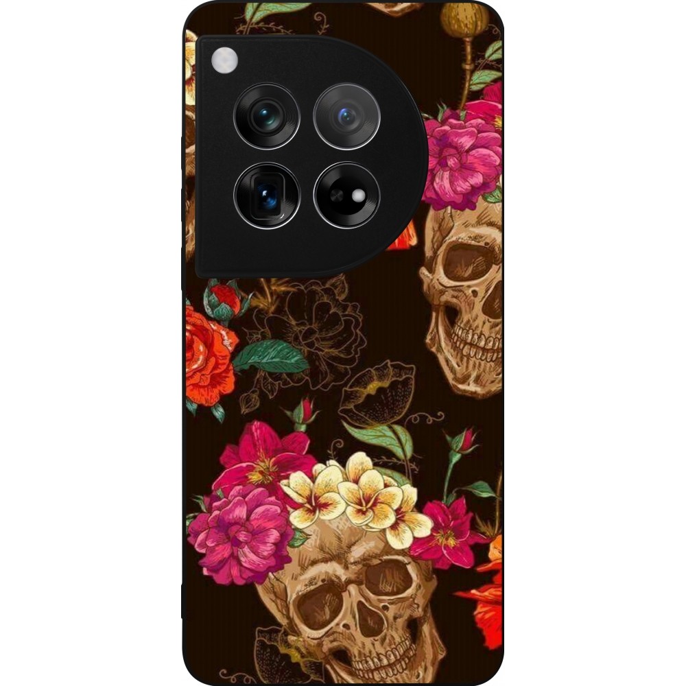 Coque OnePlus 12 - Silicone rigide noir Skulls and flowers