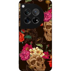 Coque OnePlus 12 - Silicone rigide noir Skulls and flowers