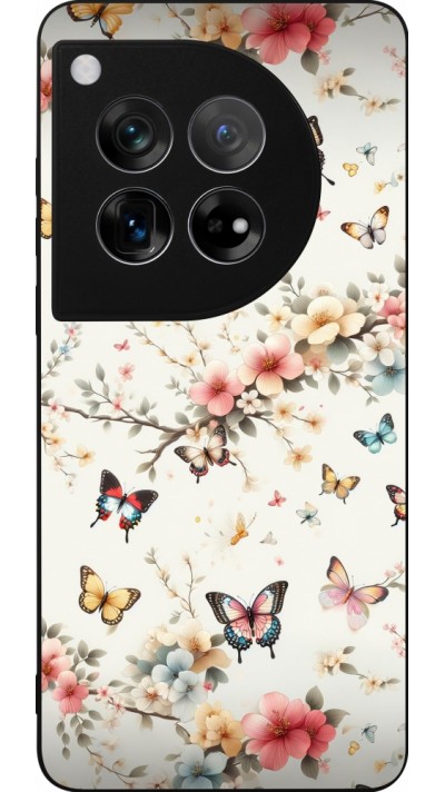 Coque OnePlus 12 - Silicone rigide noir Spring 25 Papillons Légers
