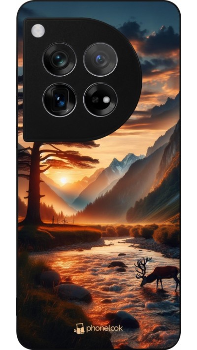 Coque OnePlus 12 - Silicone rigide noir Valley Sunset Deer Tree