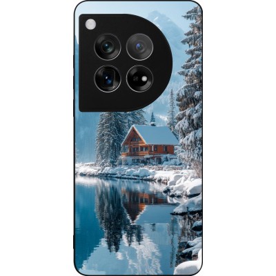 Coque OnePlus 12 - Silicone rigide noir Winter 25 Winter house forest day