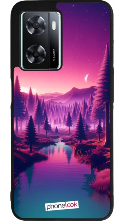 Coque OPPO A57 5G - Silicone rigide noir Paysage Violet-Rose