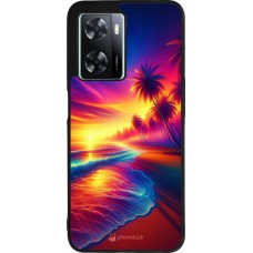 Coque OPPO A57 5G - Silicone rigide noir Plage coucher soleil flashy