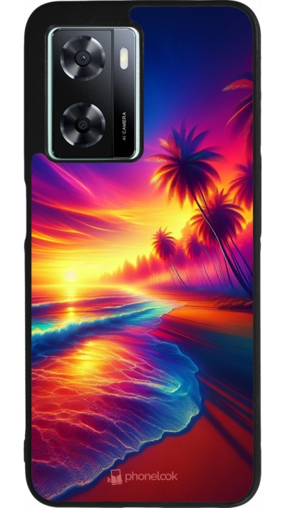Coque OPPO A57 5G - Silicone rigide noir Plage coucher soleil flashy