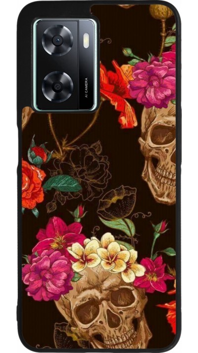 Coque OPPO A57 5G - Silicone rigide noir Skulls and flowers