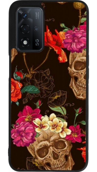 Coque OPPO A93s 5G - Silicone rigide noir Skulls and flowers