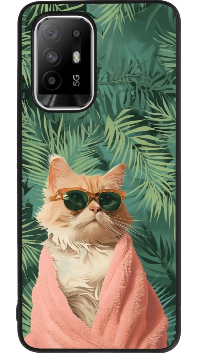 Coque OPPO F19 Pro+ - Silicone rigide noir Cat Summer Palms
