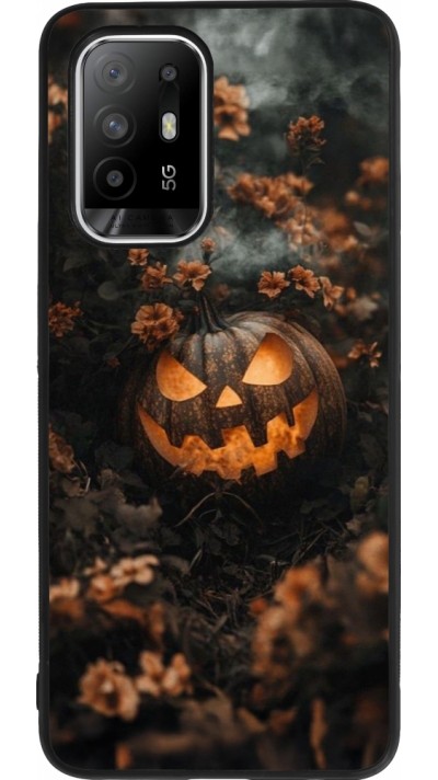 Coque OPPO F19 Pro+ - Silicone rigide noir Halloween 2025 Pumpkin with flowers