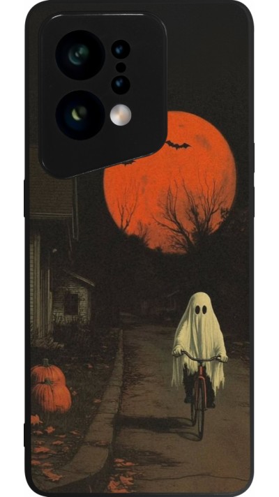 Coque OPPO Find X5 - Silicone rigide noir Halloween 2025 Ghost on a bicycle