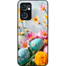 Coque OPPO Reno7 5G - Silicone rigide noir Easter 2026 Eggs with flowers