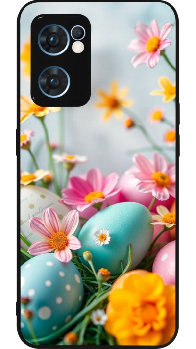 Coque OPPO Reno7 5G - Silicone rigide noir Easter 2026 Eggs with flowers