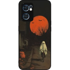 Coque OPPO Reno7 5G - Silicone rigide noir Halloween 2025 Ghost on a bicycle