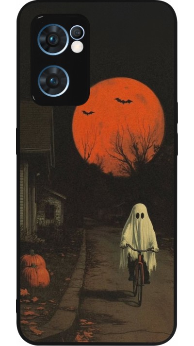 Coque OPPO Reno7 5G - Silicone rigide noir Halloween 2025 Ghost on a bicycle