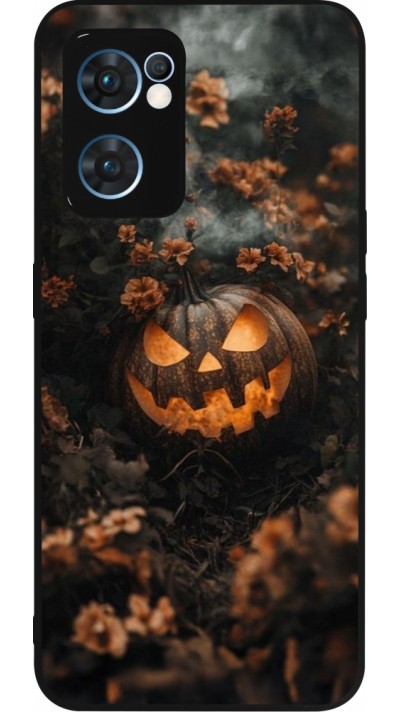 Coque OPPO Reno7 5G - Silicone rigide noir Halloween 2025 Pumpkin with flowers