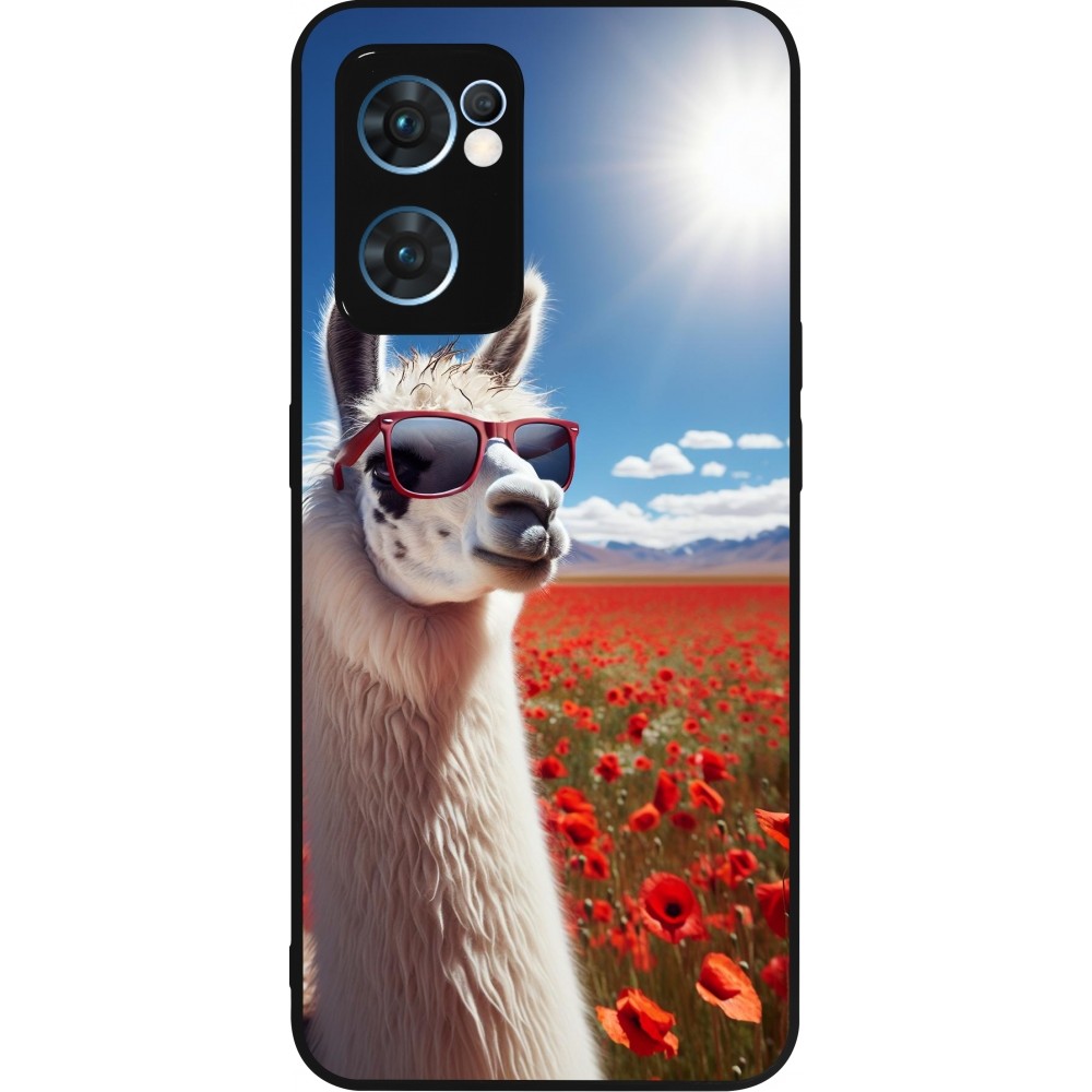 Coque OPPO Reno7 5G - Silicone rigide noir Lama Chic en Coquelicot