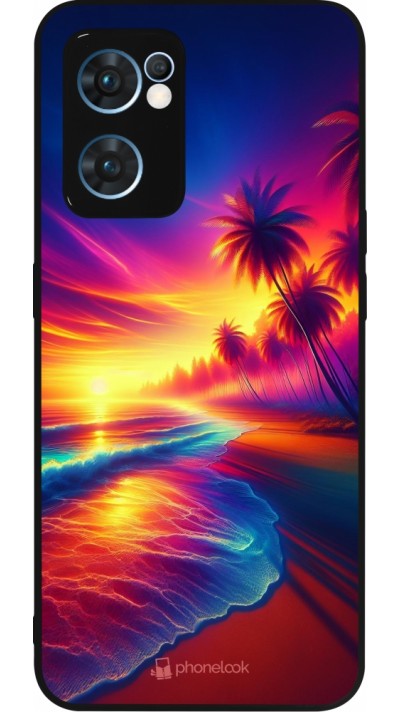 Coque OPPO Reno7 5G - Silicone rigide noir Plage coucher soleil flashy