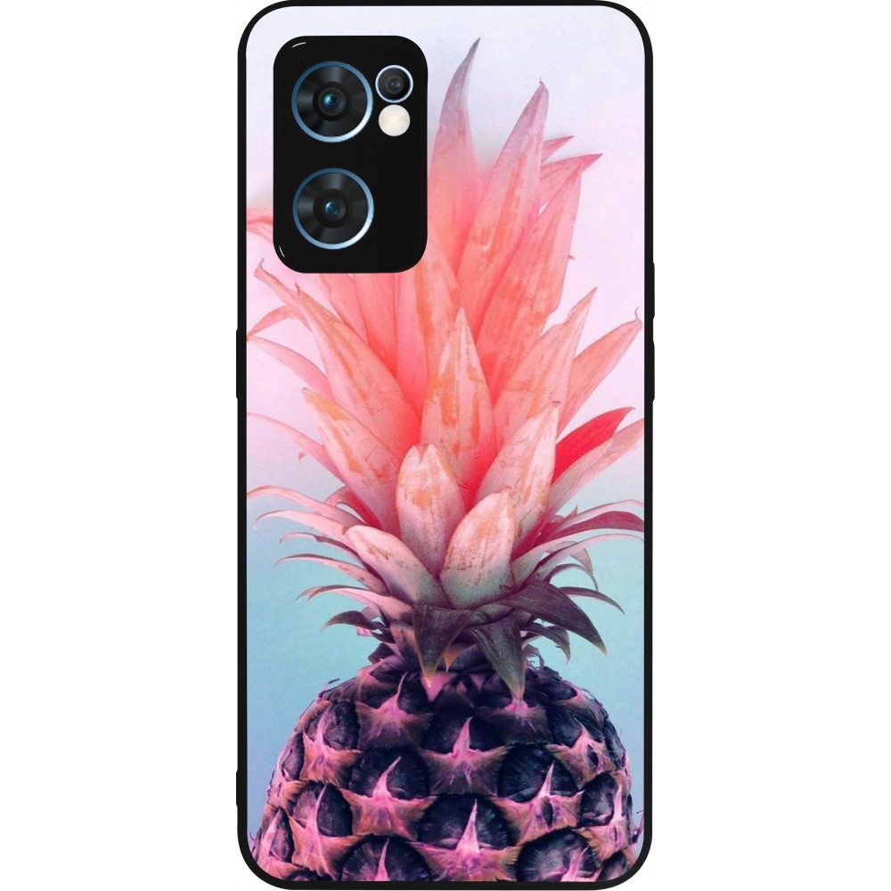Coque OPPO Reno7 5G - Silicone rigide noir Purple Pink Pineapple