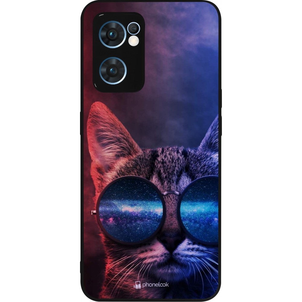 Coque OPPO Reno7 5G - Silicone rigide noir Red Blue Cat Glasses