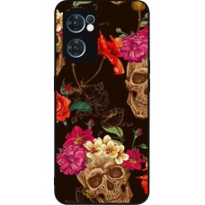 OPPO Reno7 5G Case Hülle - Silikon schwarz Skulls and flowers