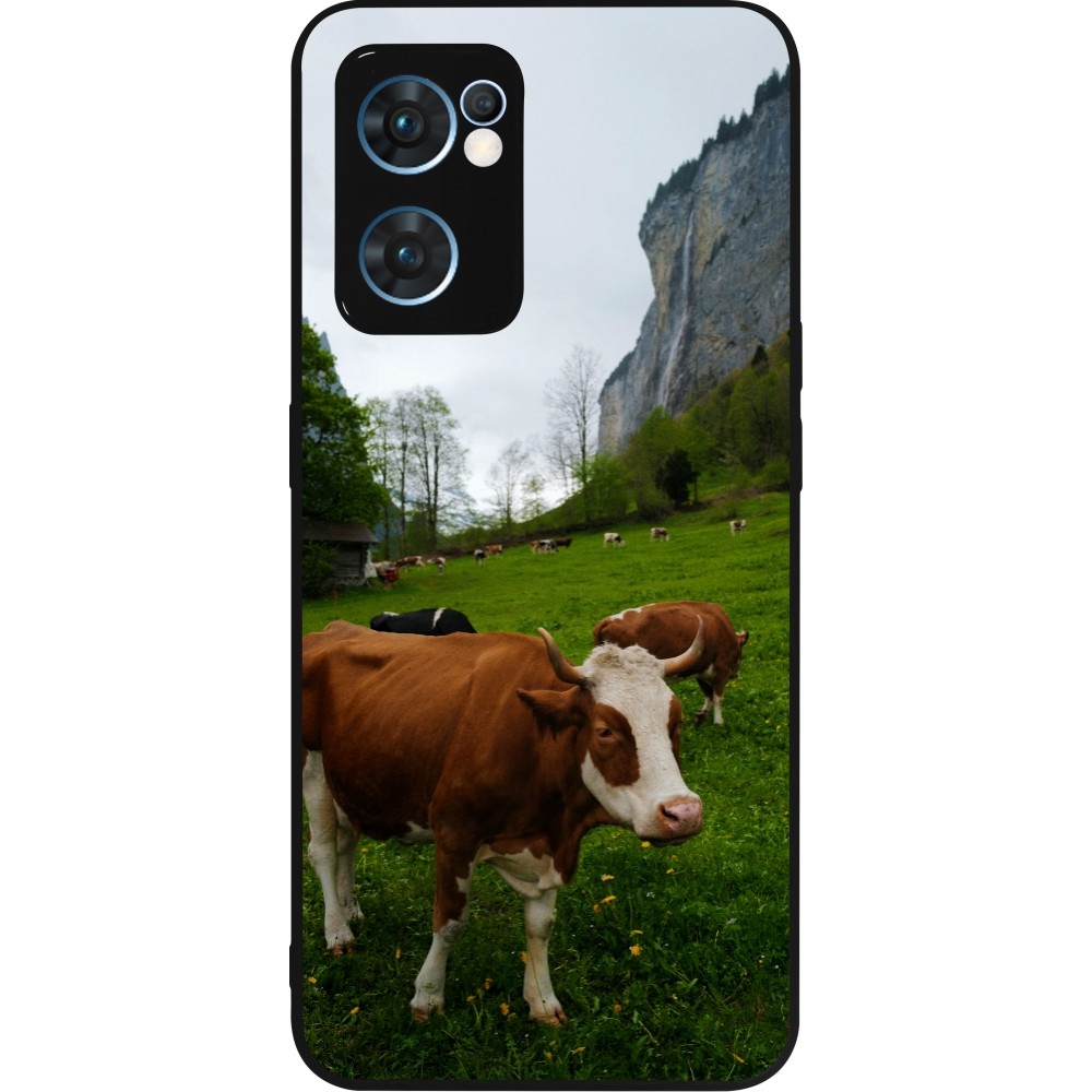 Coque OPPO Reno7 5G - Silicone rigide noir Fête Nationale Suisse Vaches