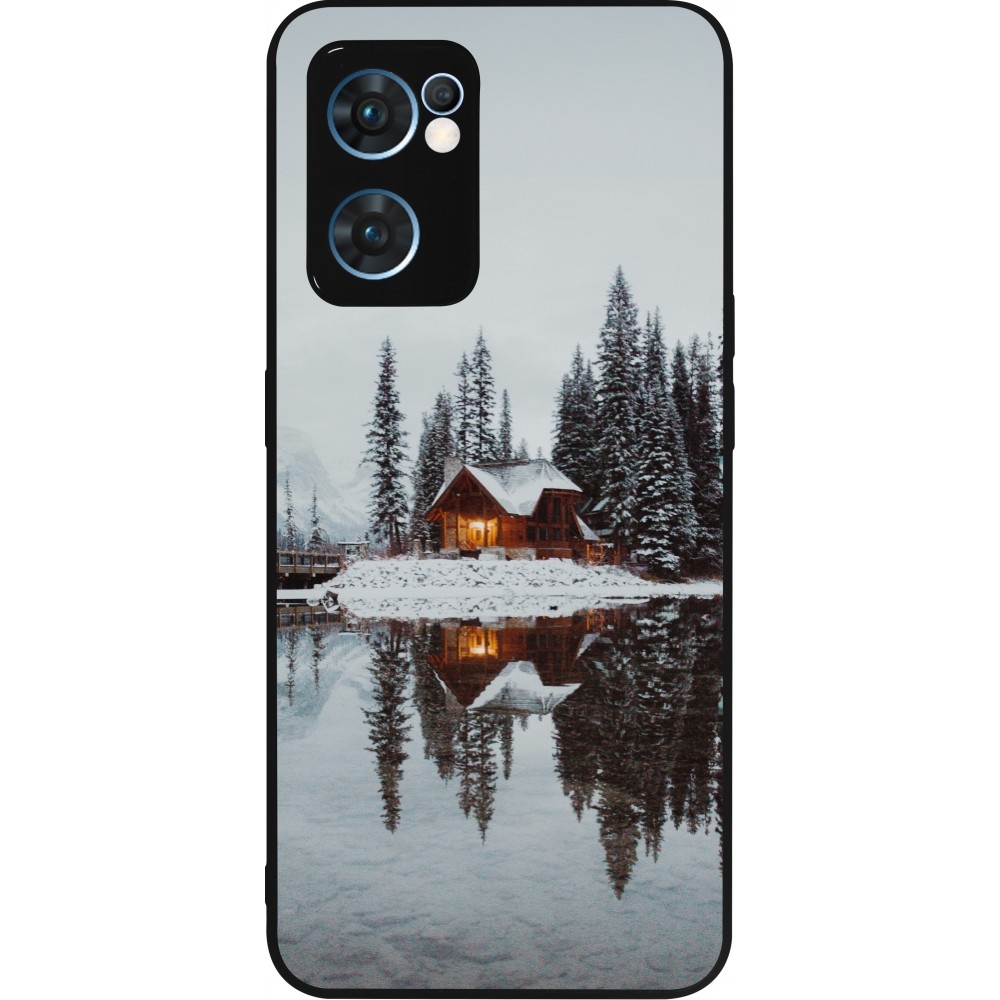 Coque OPPO Reno7 5G - Silicone rigide noir Winter 25 Winter house forest afternoon