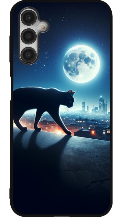 Coque Samsung Galaxy A14 5G - Silicone rigide noir Chat noir sous la pleine lune