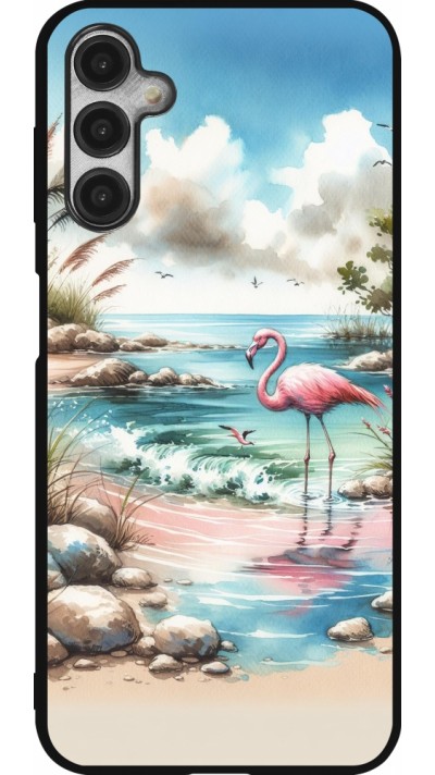 Coque Samsung Galaxy A14 5G - Silicone rigide noir Flamant rose aquarelle