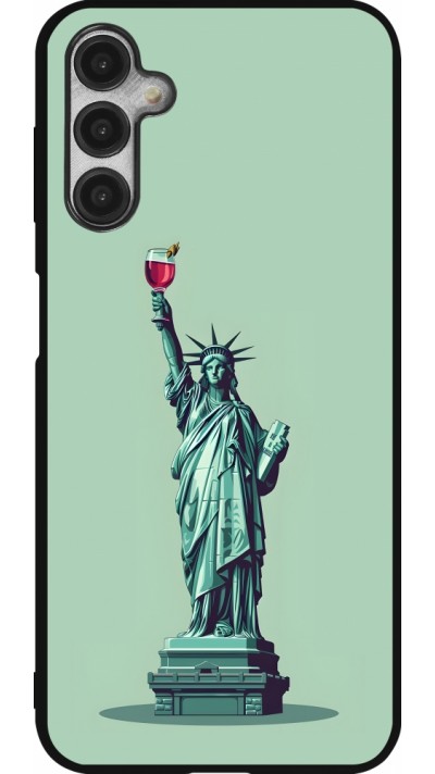 Coque Samsung Galaxy A14 5G - Silicone rigide noir Wine Statue de la liberté avec un verre de vin