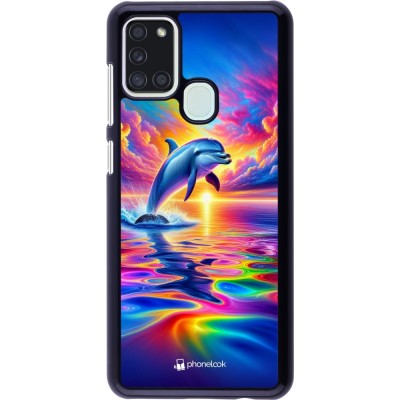 Samsung Galaxy A21s Case Hülle - Glücklicher Regenbogen-Delfin