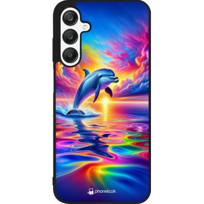Coque Samsung Galaxy A25 - Silicone rigide noir Dauphin arc-en-ciel heureux