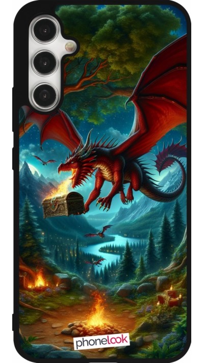 Coque Samsung Galaxy A34 5G - Silicone rigide noir Dragon Volant Forêt Trésor