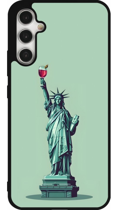 Coque Samsung Galaxy A34 5G - Silicone rigide noir Wine Statue de la liberté avec un verre de vin
