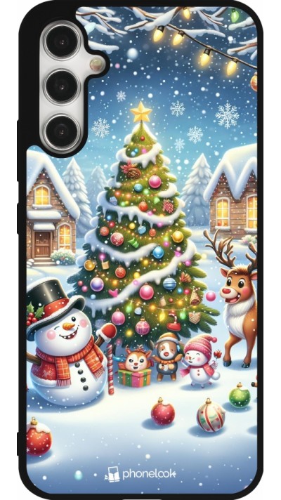 Coque Samsung Galaxy A34 5G - Silicone rigide noir Noël 2023 bonhomme de neige et sapin