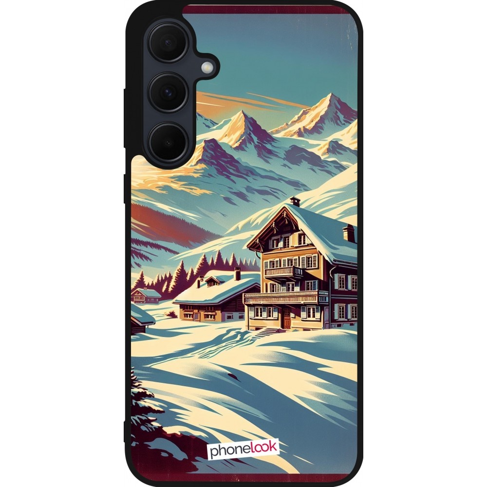 Coque Samsung Galaxy A35 5G - Silicone rigide noir Chalet montagne enneigée