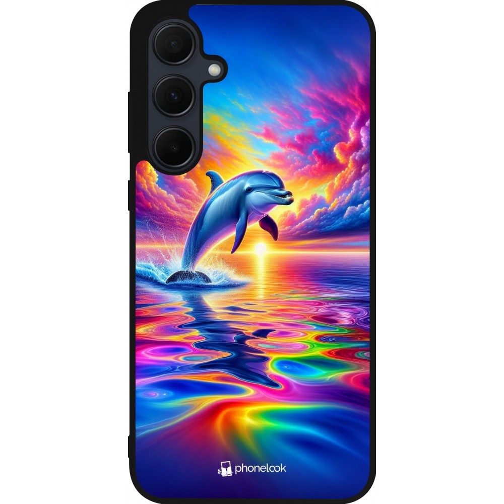 Samsung Galaxy A35 5G Case Hülle - Silikon schwarz Glücklicher Regenbogen-Delfin