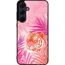 Coque Samsung Galaxy A35 5G - Silicone rigide noir Tigre palmiers roses
