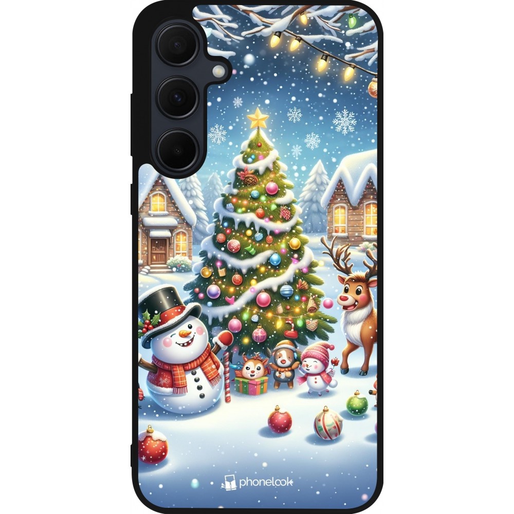 Coque Samsung Galaxy A36 - Silicone rigide noir Noël 2023 bonhomme de neige et sapin