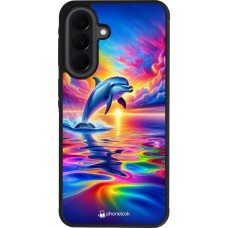 Coque Samsung Galaxy A37 - Silicone rigide noir Dauphin arc-en-ciel heureux