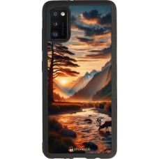 Samsung Galaxy A41 Case Hülle - Silikon schwarz Tal Sonnenuntergang Hirsch Baum