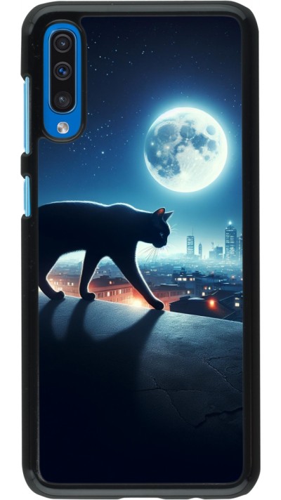 Coque Samsung Galaxy A50 - Chat noir sous la pleine lune