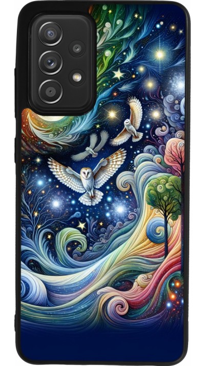 Coque Samsung Galaxy A52 - Silicone rigide noir hibou volant floral