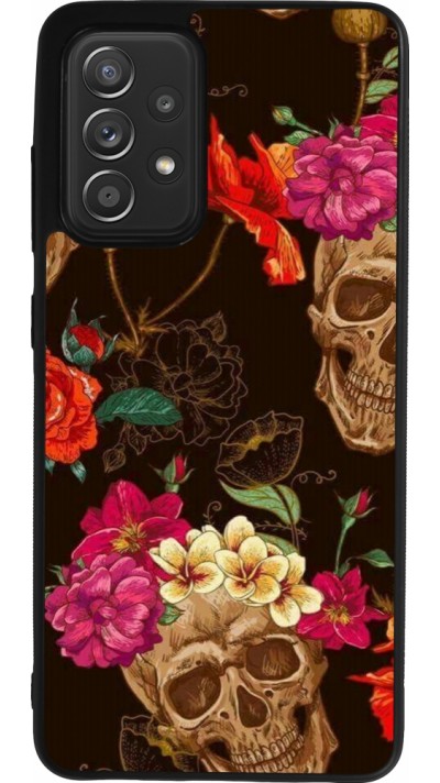 Samsung Galaxy A52 Case Hülle - Silikon schwarz Skulls and flowers