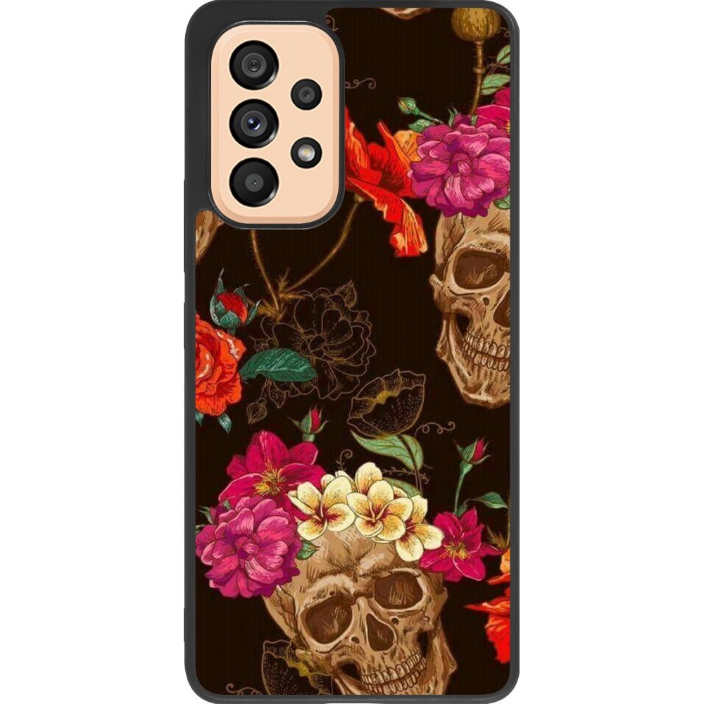 Coque Samsung Galaxy A53 5G - Silicone rigide noir Skulls and flowers