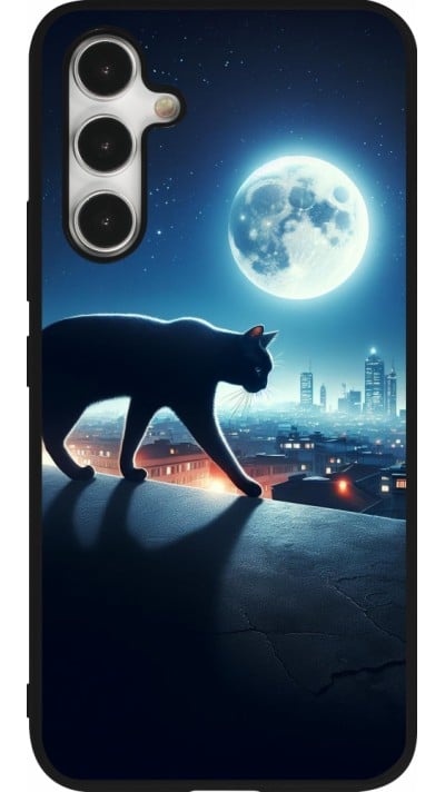 Coque Samsung Galaxy A54 5G - Silicone rigide noir Chat noir sous la pleine lune