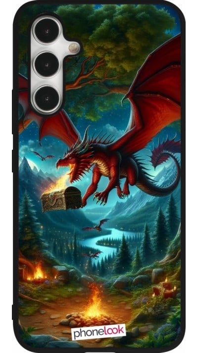 Coque Samsung Galaxy A54 5G - Silicone rigide noir Dragon Volant Forêt Trésor