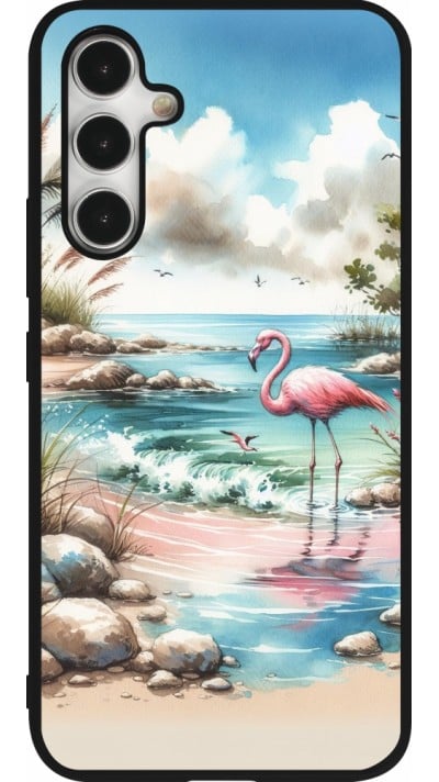 Coque Samsung Galaxy A54 5G - Silicone rigide noir Flamant rose aquarelle