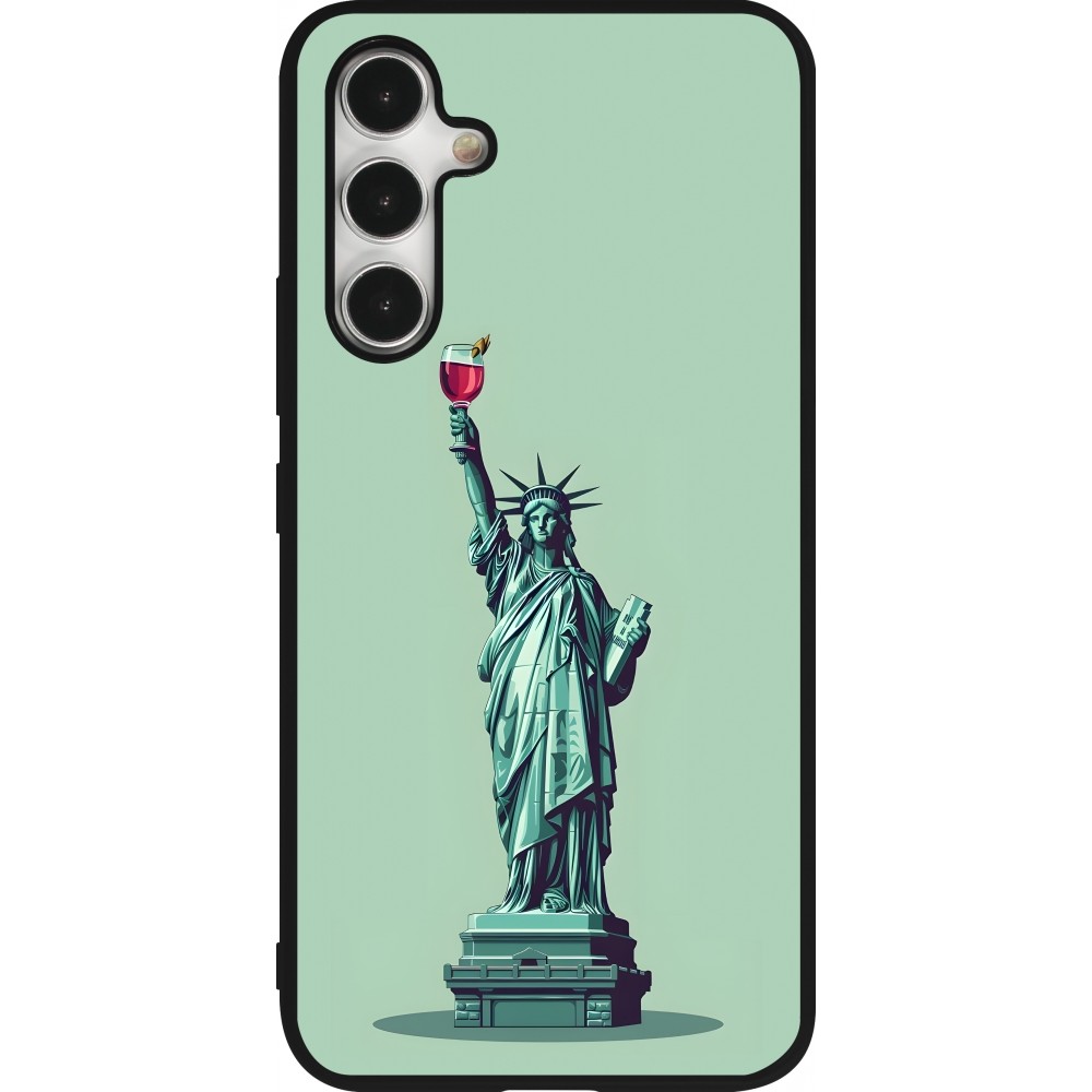 Coque Samsung Galaxy A54 5G - Silicone rigide noir Wine Statue de la liberté avec un verre de vin