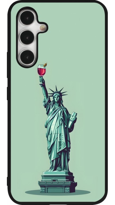 Coque Samsung Galaxy A54 5G - Silicone rigide noir Wine Statue de la liberté avec un verre de vin