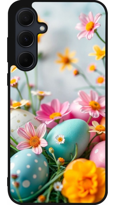 Coque Samsung Galaxy A55 5G - Silicone rigide noir Easter 2026 Eggs with flowers