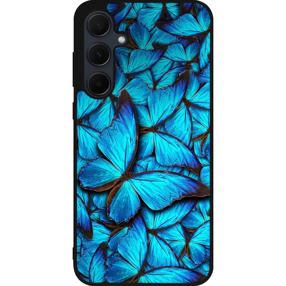 Coque Samsung Galaxy A55 5G - Silicone rigide noir Papillon bleu